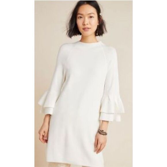 Anthropologie Claudette Dress Ruffled 3/4 Sleeves Tunic White Sz. XS - Picture 1 of 11